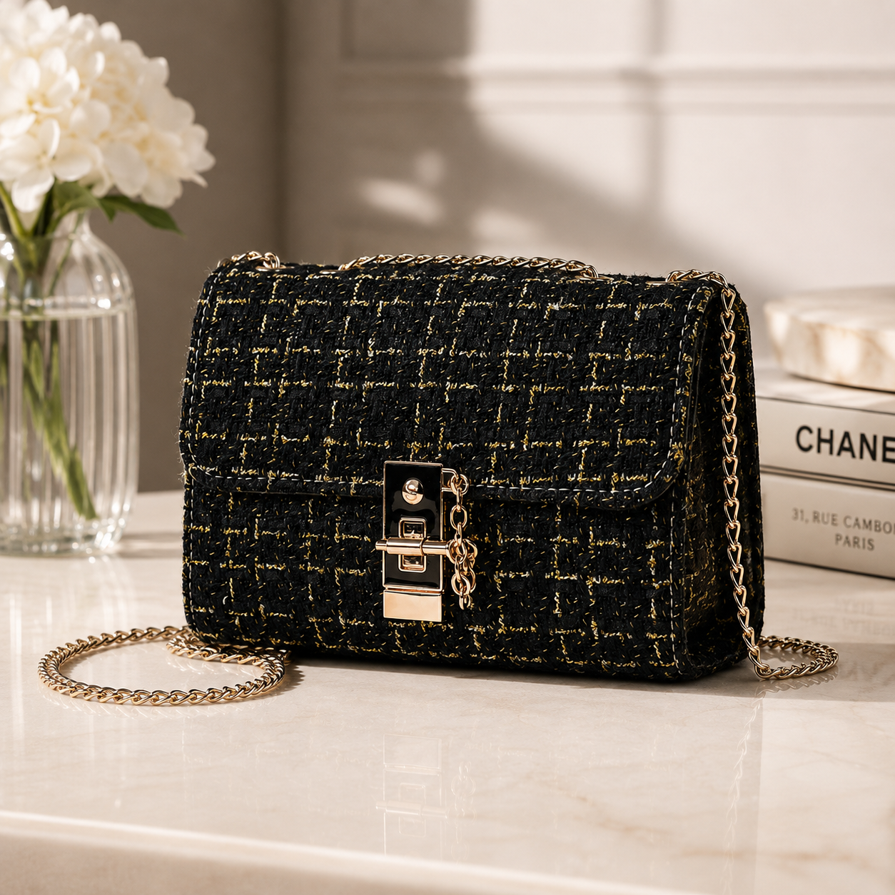 Sac texturé tweed, l'esprit glamour d'hier, la mode d'aujourd'hui