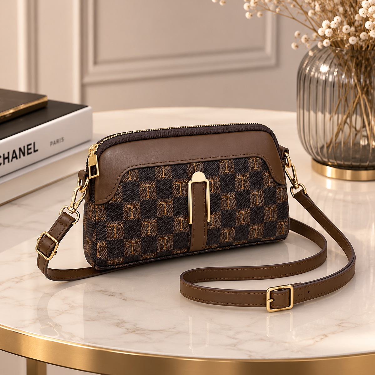 Sac marron monogrammé, sobriété et raffinement réunis